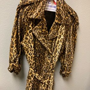 Vintage Adrienne Landau Leopard Print Double Breasted Trench Coat Classic 80s